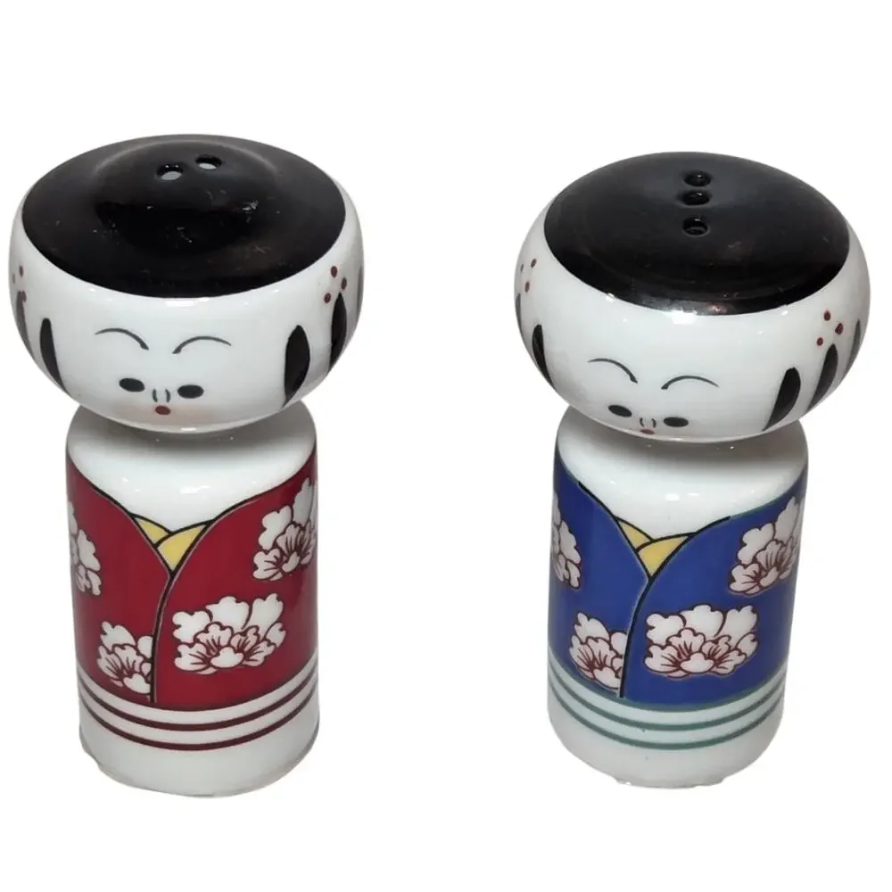 Vintage Japan Kokeshi Doll Salt Pepper Shakers Red Blue Floral Kimono Porcelain